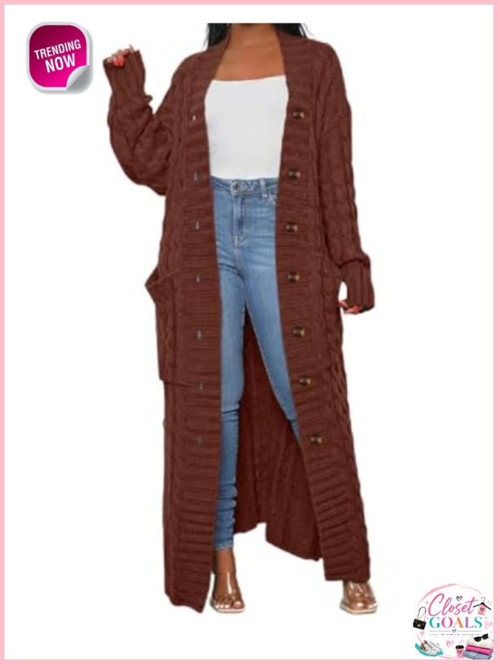 Women's Chunky Cable Knit Maxi Cardigan with Pockets Button Long Sweater Coat